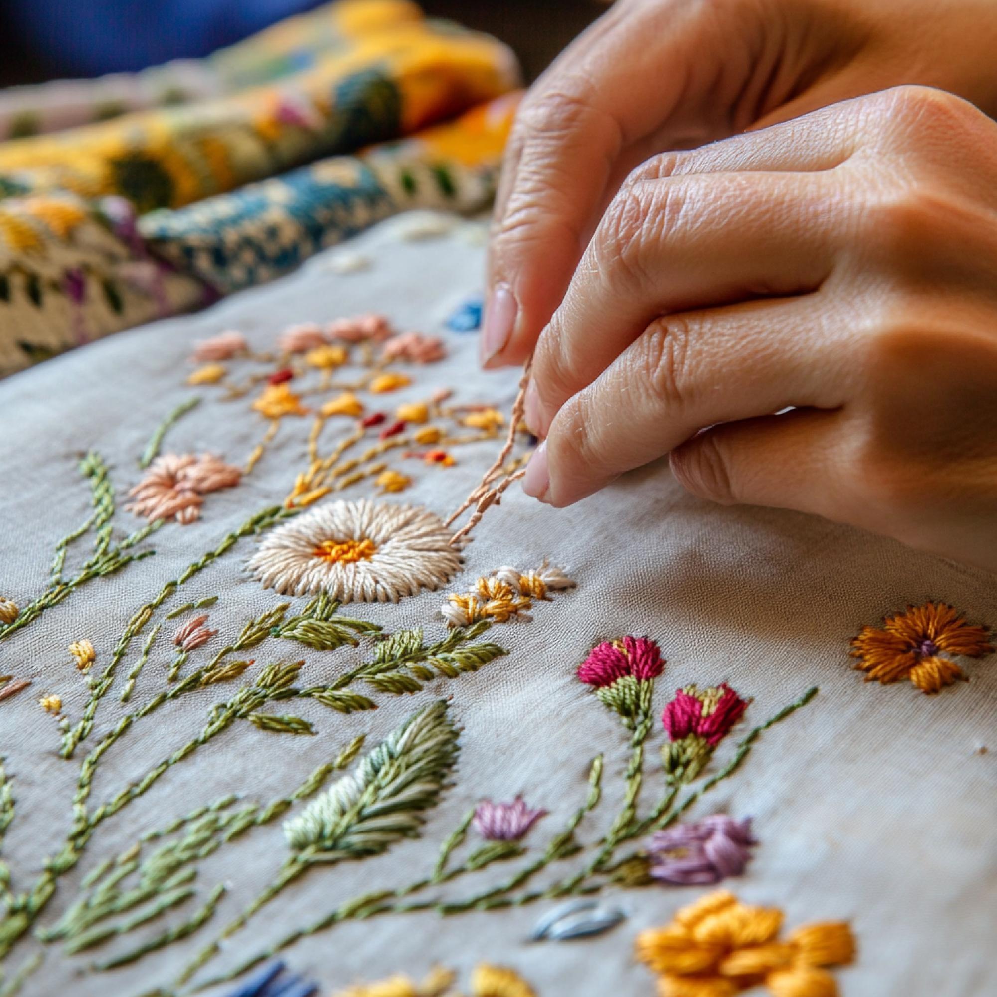 Hand beim Sticken eines Musters