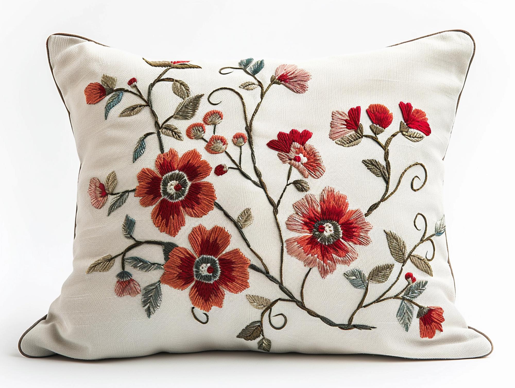 Besticktes Leinenkissen mit floralem Motiv